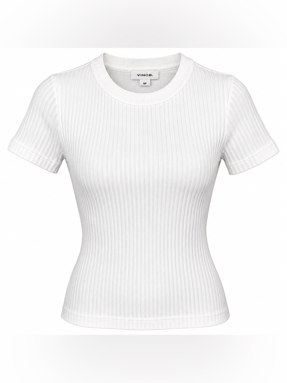 Vince White Ribbed Knit Crewneck Baby Tee Top Stretch Quiet Luxury Minimalist S